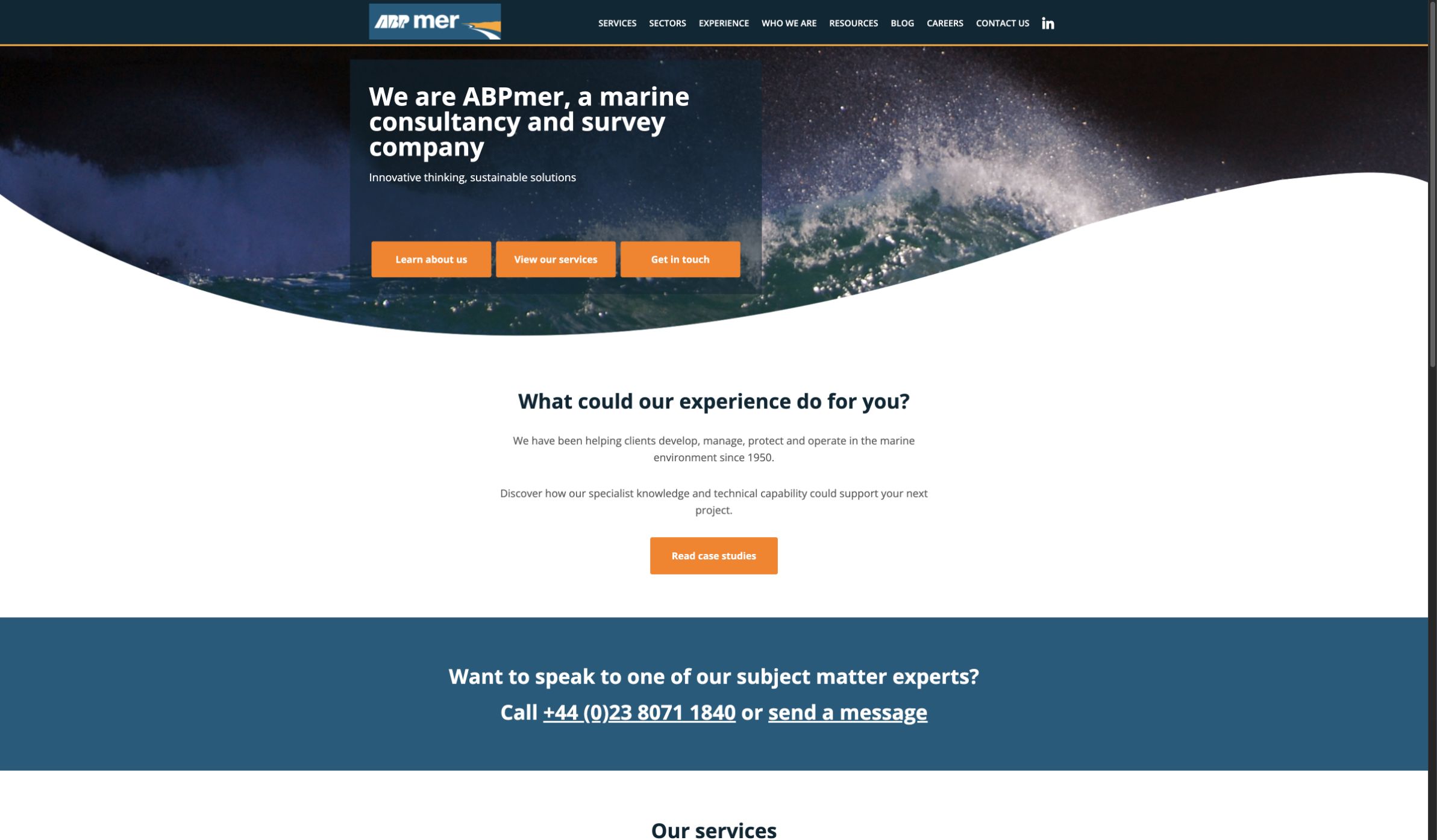 Screenshot of ABPmer’s current public homepage, showing its navigation, marine consultancy introduction and business information.