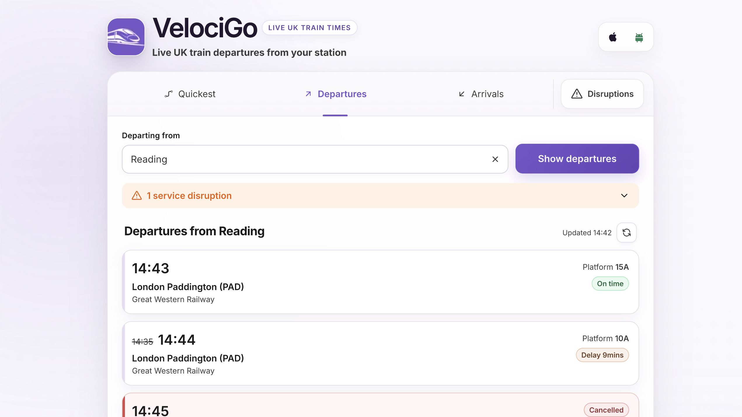 Screenshot of the actual Live Train Times website, branded VelociGo, showing live departures from Reading with platforms, delays and service disruption information.