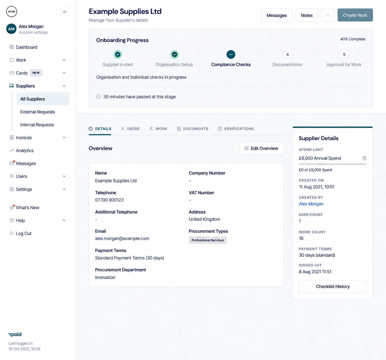 Edited Paid supplier onboarding screen with fictional company and contact details, showing onboarding progress, compliance checks, supplier information and payment terms.
