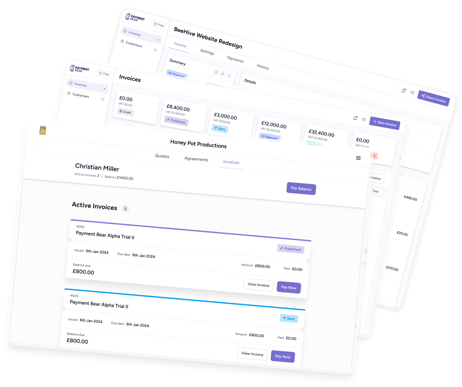 Payment Bear’s published product mockup showing its branded invoicing dashboard, invoice details and customer payment portal.